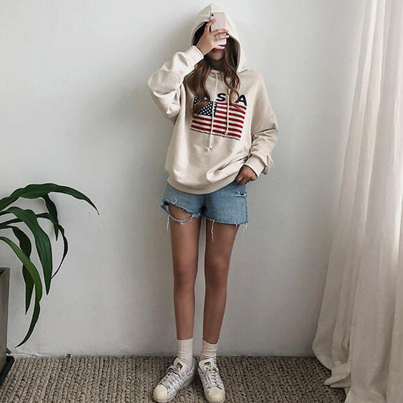 断码米色大码宽松卫衣女2024新款春秋套头连帽印花图案长袖针织衫