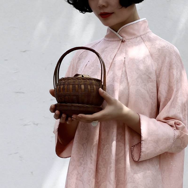 婵语豆豆 设计师原创夏季中长款手工真丝花罗喇叭袖宽松连衣裙