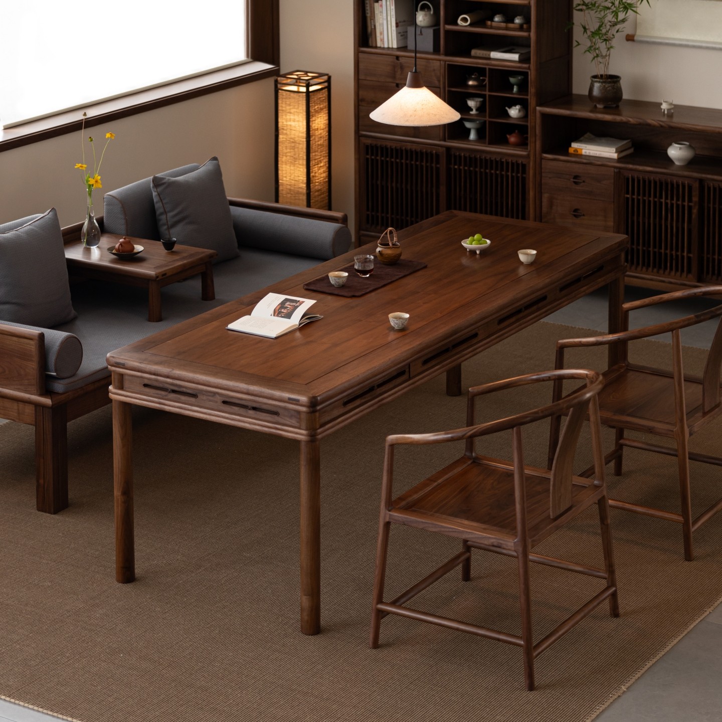 空器木作明宋式美学书桌黑胡桃实木新中式茶桌椅组合圆包圆茶室,住宅家具,家用茶台/茶桌,淘宝优惠券,粉丝福利购,淘宝优惠卷