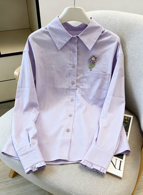紫色翻领衬衫外套女春秋2025春新款复古宽松长袖衬衣外搭防晒上衣