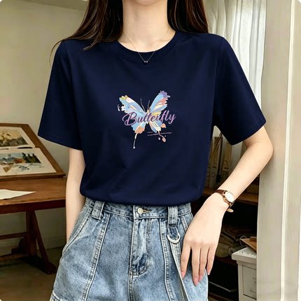 可爱卡通印花正肩短袖t恤女夏季宽松2026新款小蝴蝶纯棉圆领上衣