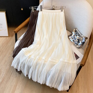 法式 高腰A字垂感半身裙女 超仙压褶网纱百褶裙女2026春夏新款