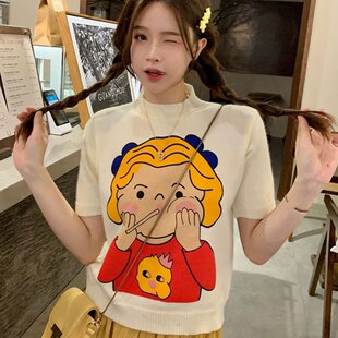 卡通印花撞色针织短袖 2026新款 港味设计感显瘦短款 上衣 t恤女夏季