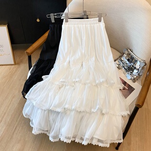 甜美多层次感蕾丝网纱蓬蓬蛋糕裙女春夏新款 白色超仙女长裙女