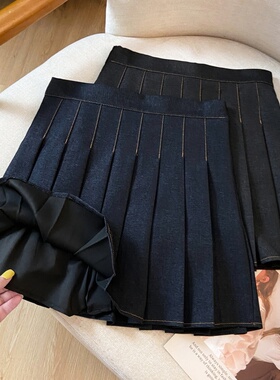 撞色明线半身裙女春季新款气质减龄遮胯a字复古牛仔百褶裙女