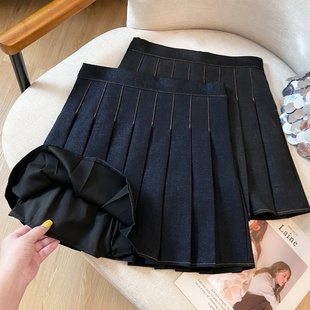 撞色明线半身裙女春季新款气质减龄遮胯a字复古牛仔百褶裙女