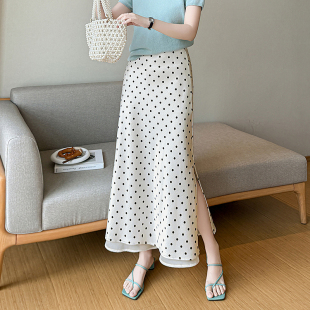 2026春夏新款 缎面流光质感a字波点印花直筒半身裙女 圆点醋酸法式
