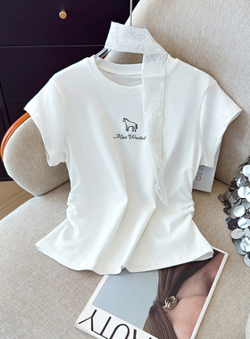 2026夏季新款设计感蕾丝围巾短袖不规则收腰纯棉T恤百搭显瘦上衣