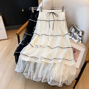 蝴蝶结系带大摆长裙女 新款 法式 绝美蕾丝网纱半身裙女2026夏季