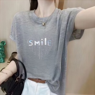 2026夏季 竹节棉短袖 印花烫钻大码 宽松百搭休闲圆领T恤女 新款