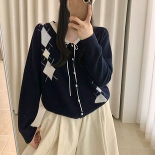 sheep 韩系秋款甜美温柔风V领几何图案显瘦百搭毛衣女