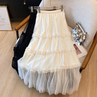 甜美温柔风木耳边网纱半身裙女2026春高腰显瘦百搭A字长裙女