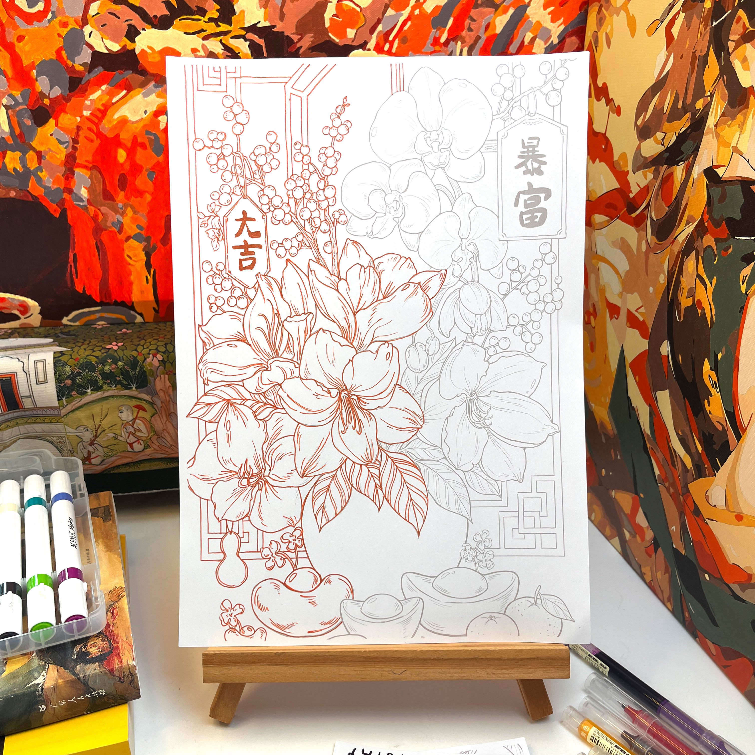 卡通线条画新年国风插画临摹图稿素材控笔练习手部康复上班摸鱼画,玩具/童车/益智/积木/模型,描红本/涂色本,淘宝优惠券,粉丝福利购,淘宝优惠卷