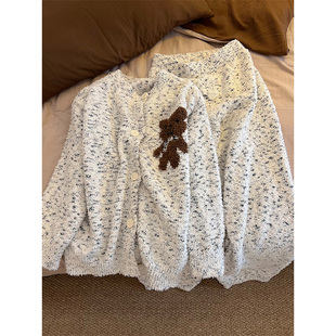 可爱棕色小熊半边绒睡衣女秋冬季新款家居服长袖长裤加厚套装外穿