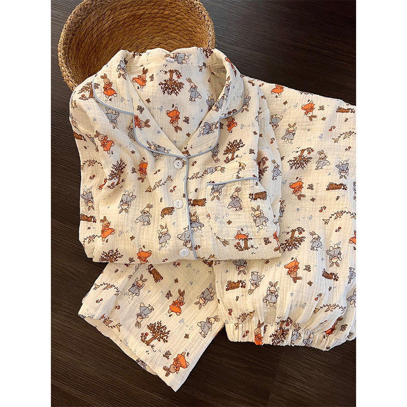 卡通可爱兔子翻领开衫棉纱睡衣女春秋款新款休闲柔软家居服两件套,女士内衣/男士内衣/家居服,睡衣/家居服套装,淘宝优惠券,粉丝福利购,淘宝优惠卷