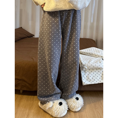 波点印花毛绒宽松睡裤女秋冬季
