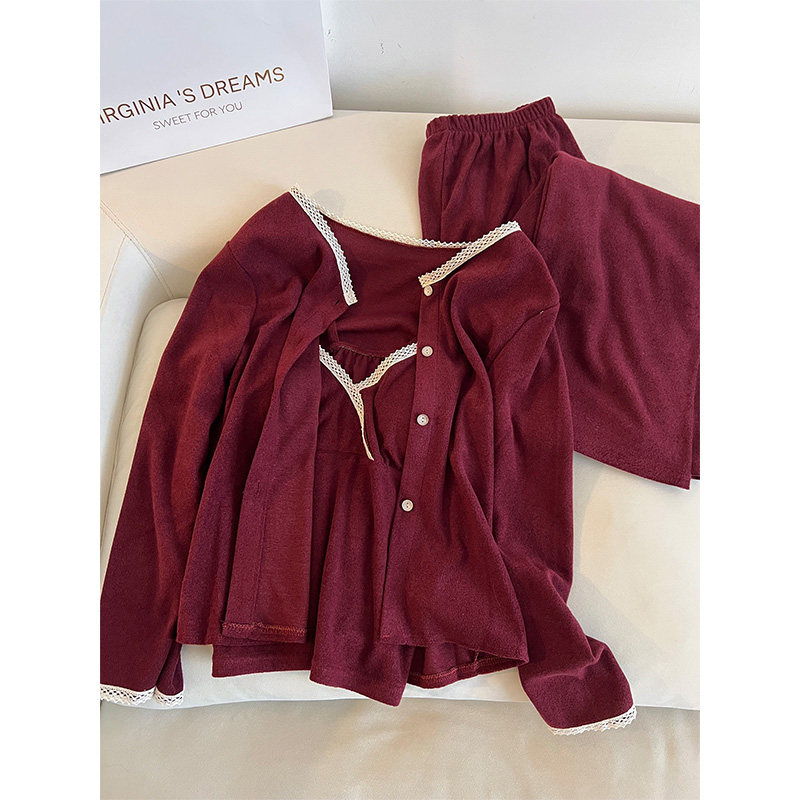 纯欲蕾丝拼接开衫睡衣女网红风春秋款少女家居休闲服三件套可外穿,女士内衣/男士内衣/家居服,睡衣/家居服套装,淘宝优惠券,粉丝福利购,淘宝优惠卷