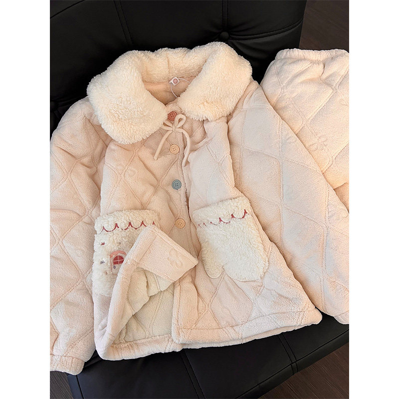 软萌甜美少女蝴蝶结设计夹棉睡衣女秋冬季新款毛绒家居服保暖套装,女士内衣/男士内衣/家居服,睡衣/家居服套装,淘宝优惠券,粉丝福利购,淘宝优惠卷