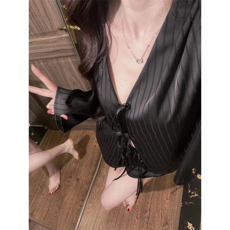 法式高级感条纹长袖冰丝睡衣女