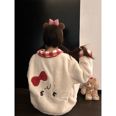 可爱猫咪印花毛绒睡衣女秋冬季