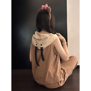 韩系可爱风连帽无袖睡衣少女夏季舒适长裤超柔软家居服套装可外穿