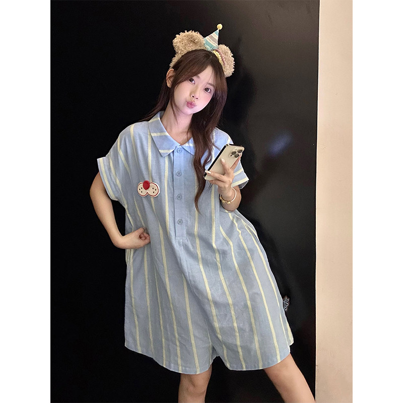 简约少女风蓝白条纹睡衣夏季短袖一体式舒适休闲家居服套装可外穿