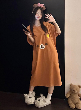 韩式卡通小熊睡裙少女夏季短袖橙色中长款可爱超柔软家居服可外穿
