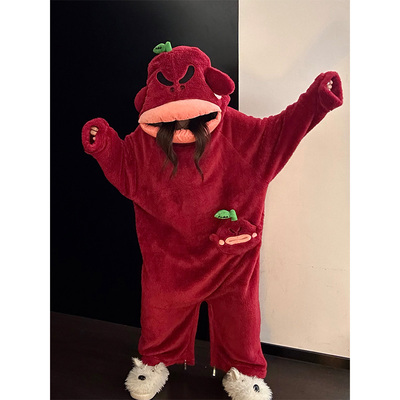 可爱卡通毛绒一体式睡衣女秋冬季