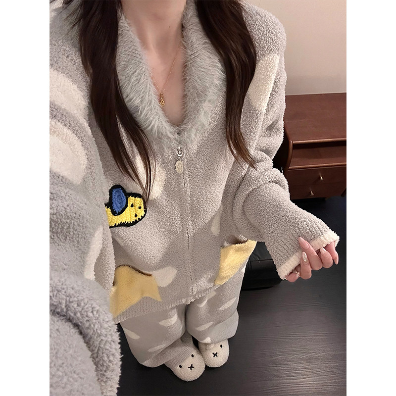 复古卡通波点毛绒睡衣女冬季半边绒拉链加厚针织家居服套装可外穿