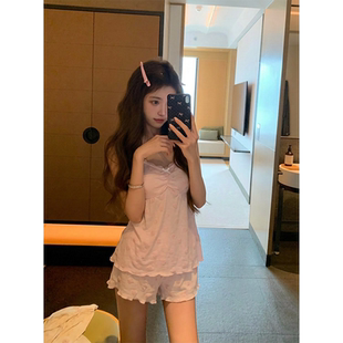 日系温柔风带胸垫吊带短款 家居服套装 睡衣女夏季 短裤 外穿 款 春夏季