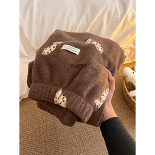 斑点狗可爱印花毛绒宽松睡裤女秋冬新款家居服加厚珊瑚绒遛弯长裤