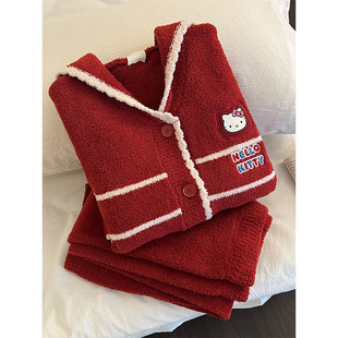 软萌可爱Kitty印花半边绒睡衣女秋冬季新款加厚家居服套装可外穿