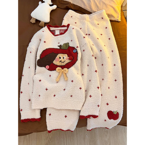 可爱苹果印花长袖睡衣女秋冬季