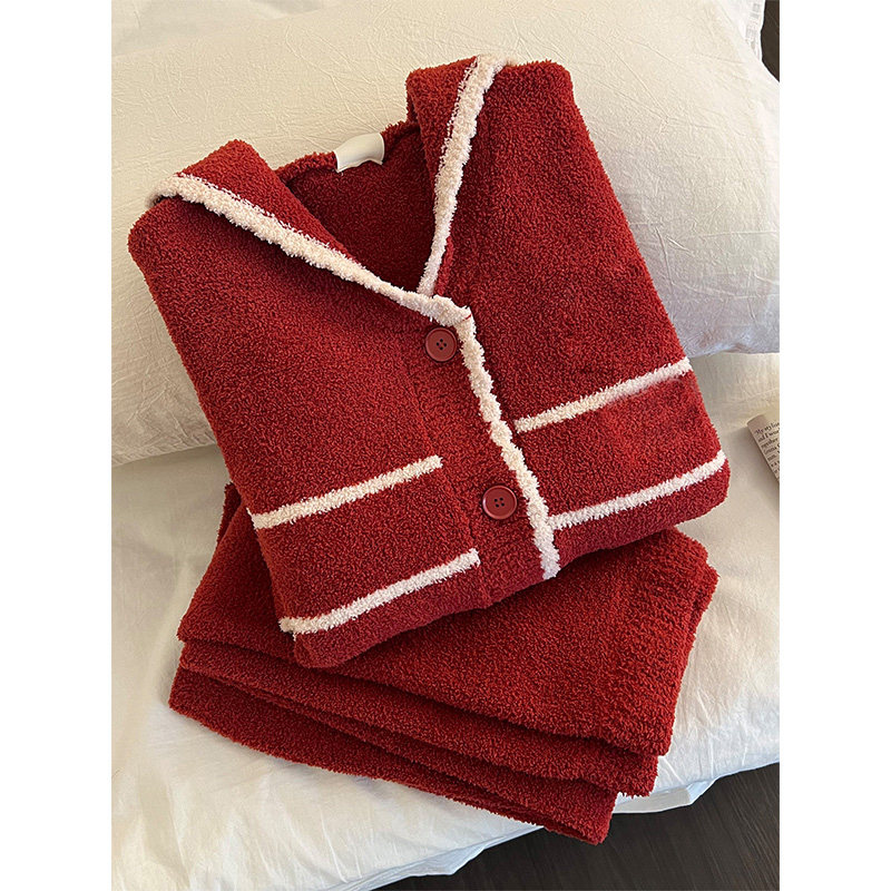 软萌可爱卡通印花半边绒睡衣女秋冬季新款加厚家居服套装可外穿