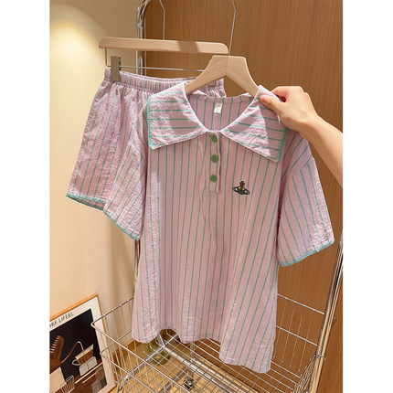 甜美风粉绿条纹衬衫领睡衣少女夏季短袖短裤宽松可外穿家居服套装