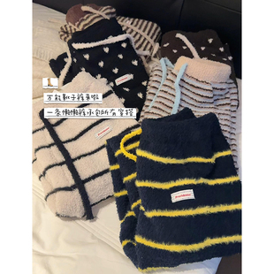 韩版甜美少女半边绒睡裤女秋冬季新款保暖家居服大码遛弯裤长裤