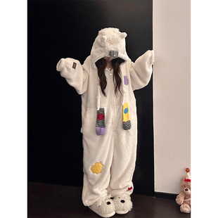 可爱小马少女毛绒连帽睡衣女秋冬季新款珊瑚绒家居服一体式连体衣