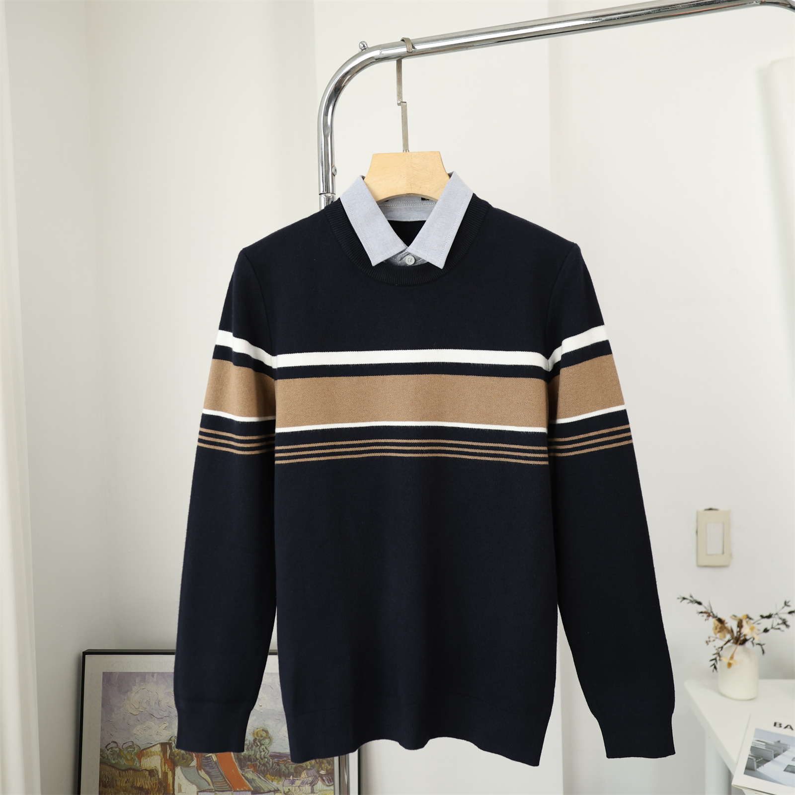 假两件设计秋冬男士针织衫翻领