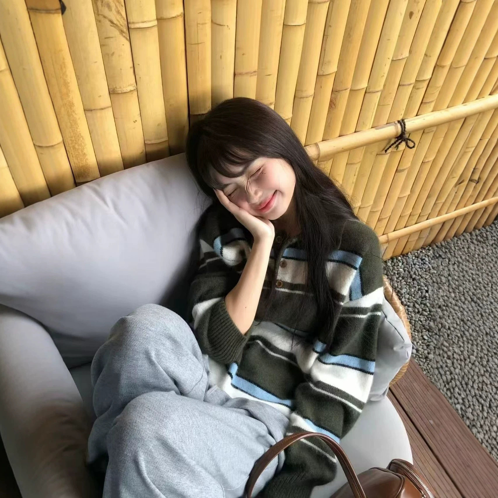 韩国小众HONE26秋冬新款慵懒风套头宽松撞色条纹POLO衫针织毛衣女