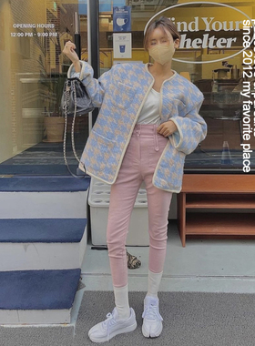 PS复古千鸟格毛呢外套女2021冬韩版小香风粗花呢短款大衣夹棉西装