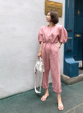 特价韩国东大门棉麻工装裤侧边口袋松紧腰泡泡袖粉色宽松连体裤女