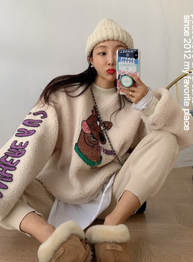 加绒加厚羊羔绒毛卫衣女冬韩国洋气宽松套头ins宽松印花百搭上衣