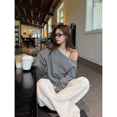 3812# superniniyy 微醺米露 露肩斜肩款松弛感宽松长袖卫衣上衣