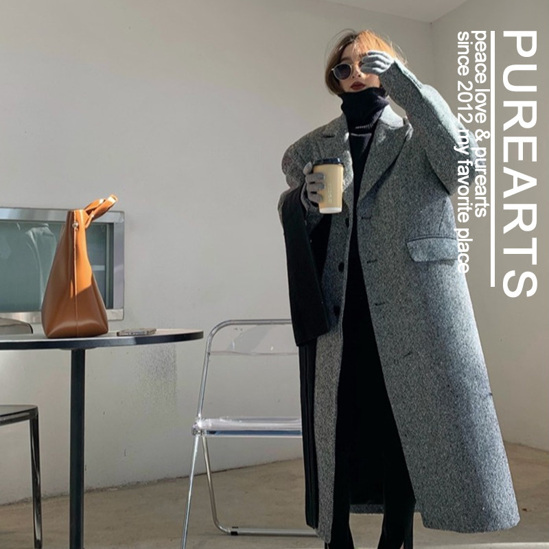 复古英伦风气质宽松长款西装毛呢外套韩版慵懒时尚潮流单排扣大衣