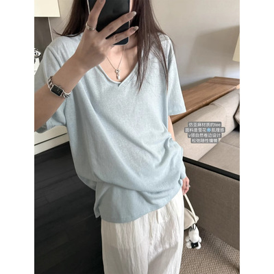 韩系松弛感纯棉V领短袖T恤女夏