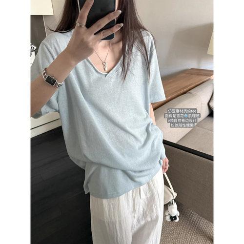 韩系松弛感纯棉V领短袖T恤女夏