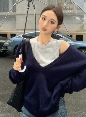 复古灰色大V领套头宽松毛衣套装女秋冬时尚叠穿慵懒松弛感针织衫