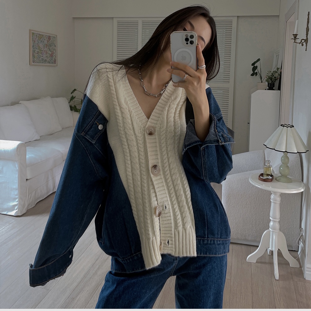 慵懒复古牛仔服外套毛衣拼接外套