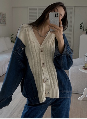 复古牛仔服女2025韩国东大门毛衣拼接牛仔外套慵懒宽松牛仔夹克