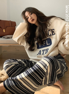 韩国ins时尚宽松字母加绒加厚卫衣女冬套装复古毛线针织阔腿长裤